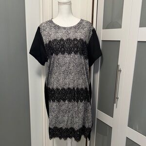 DKNY Black and White Lace-Trim Shift Dress